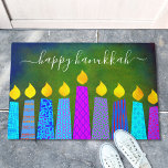 Happy Hanukkah Script Modern Boho Candles on Green Doormat<br><div class="desc">“Happy Hanukkah.” Decorate your entryway in “style” with this unique, fun custom holiday welcome mat! A playful, modern, artsy illustration of boho pattern candles in a menorah helps you usher in the holiday of Hanukkah. Assorted blue candles with colorful faux foil patterns and gold faux foil flames overlay a rich,...</div>