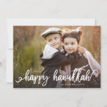 Happy Hanukkah Script Snowfall Photo Holiday Card<br><div class="desc">This personalized Hanukkah photo card features your photo with modern and bold brush script with a snow frame. The reverse features a matching snowfall pattern.</div>