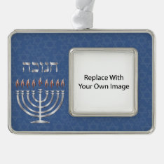 Happy Hanukkah Silver Menorah Photo Ornament - 1 at Zazzle