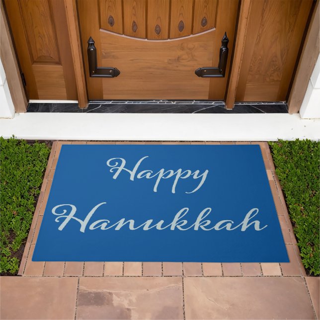 Happy Hanukkah silver Tekhelet blue  Doormat (Outdoor)