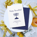Happy Hanukkah Simple Blue Menorah  Holiday Card<br><div class="desc">Happy Hanukkah Holiday greeting card,  with a simple blue menorah and script typography design. With blue customizable lettering,  you can add your own information. A festive way to send well wishes to friends and loved ones.</div>