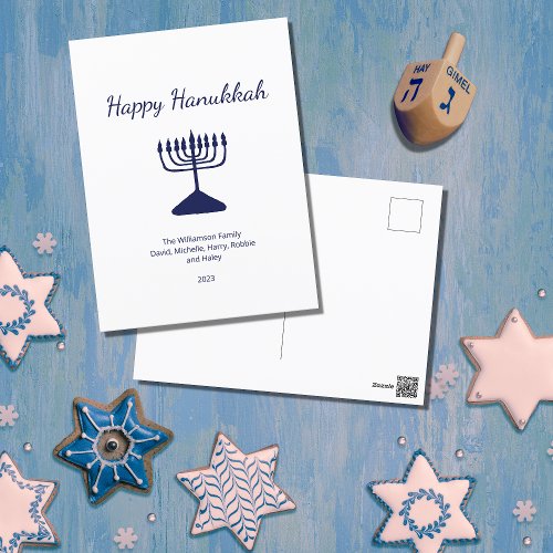 Happy Hanukkah Simple Blue Menorah  Holiday Postcard