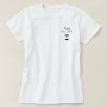 Happy Hanukkah Simple Blue Menorah  T-Shirt<br><div class="desc">Happy Hanukkah T-shirt,  with a simple blue menorah and script typography design. With white customizable lettering,  you can add your own text. A festive addition to your holiday fashion collection.</div>