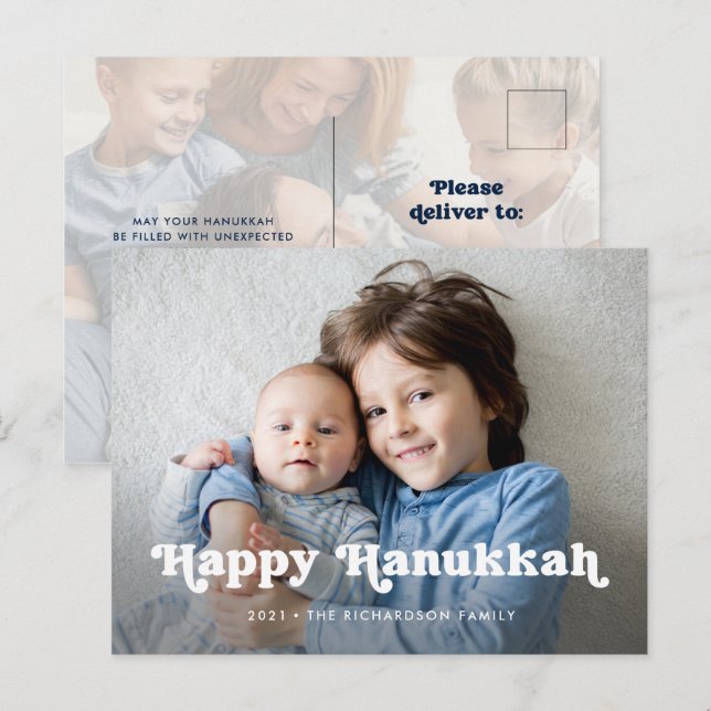 Happy Hanukkah | Simple Boho Photo Overlay Holiday Postcard (Front/Back)