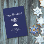 Happy Hanukkah Simple Menorah Blue  Holiday Card<br><div class="desc">Happy Hanukkah Blue Holiday greeting card,  with a simple white menorah and script typography design. With white customizable lettering,  you can add your own information. A festive way to send well wishes to friends and loved ones.</div>