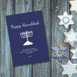 Happy Hanukkah Simple Menorah Blue  Holiday Card<br><div class="desc">Happy Hanukkah Blue Holiday greeting card,  with a simple white menorah and script typography design. With white customizable lettering,  you can add your own information. A festive way to send well wishes to friends and loved ones.</div>