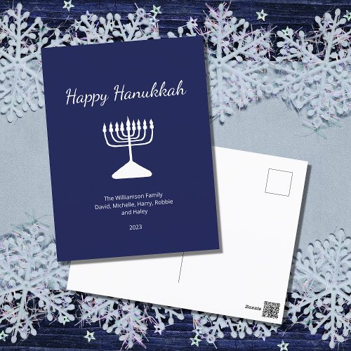 Happy Hanukkah Simple Menorah Blue  Holiday Postcard