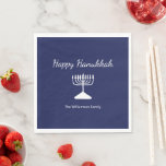 Happy Hanukkah Simple Menorah Blue  Napkins<br><div class="desc">Happy Hanukkah Blue Holiday party napkin,  with a simple white menorah and script typography design. With white customizable lettering,  you can add your own information. A festive way to celebrate with friends and loved ones.</div>