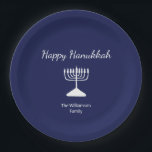 Happy Hanukkah Simple Menorah Blue  Paper Plates<br><div class="desc">Happy Hanukkah Blue Holiday party paper plate,  with a simple white menorah and script typography design. With white customizable lettering,  you can add your own information. A festive way to celebrate with friends and loved ones.</div>