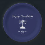 Happy Hanukkah Simple Menorah Blue  Paper Plates<br><div class="desc">Happy Hanukkah Blue Holiday party paper plate,  with a simple white menorah and script typography design. With white customizable lettering,  you can add your own information. A festive way to celebrate with friends and loved ones.</div>