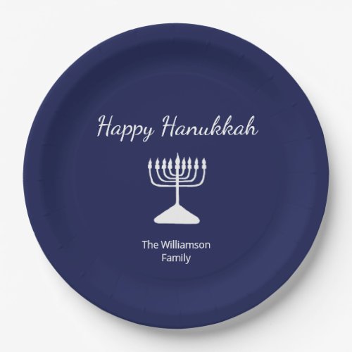 Happy Hanukkah Simple Menorah Blue  Paper Plates
