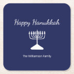 Happy Hanukkah Simple Menorah Blue  Square Paper Coaster<br><div class="desc">Happy Hanukkah Blue Holiday party paper coaster,  with a simple white menorah and script typography design. With white customizable lettering,  you can add your own information. A festive decor item to celebrate with friends and loved ones.</div>
