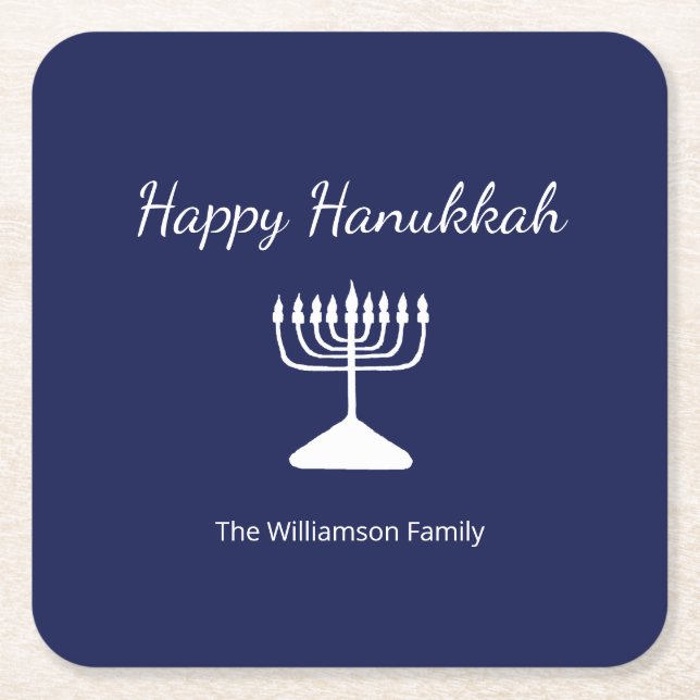 Happy Hanukkah Simple Menorah Blue  Square Paper Coaster (Front)