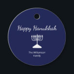 Happy Hanukkah Simple Menorah Blue White Favor Tags<br><div class="desc">Happy Hanukkah Blue Holiday party favor tag,  with a simple white menorah and script typography design. With white customizable lettering,  you can add your own information. A festive way to celebrate with friends and loved ones.</div>
