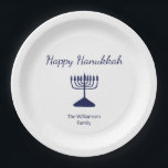 Happy Hanukkah Simple Menorah Blue White Paper Plates<br><div class="desc">Happy Hanukkah Holiday party paper plate,  with a simple blue menorah and script typography design. With blue customizable lettering,  you can add your own text. A festive way to celebrate with friends and loved ones.</div>