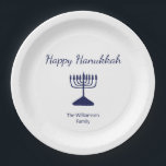 Happy Hanukkah Simple Menorah Blue White Paper Plates<br><div class="desc">Happy Hanukkah Holiday party paper plate,  with a simple blue menorah and script typography design. With blue customizable lettering,  you can add your own text. A festive way to celebrate with friends and loved ones.</div>