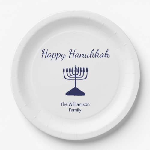 Happy Hanukkah Simple Menorah Blue White Paper Plates