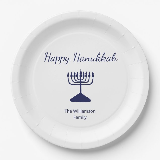 Happy Hanukkah Simple Menorah Blue White Paper Plates (Front)