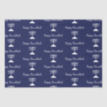 Happy Hanukkah Simple Menorah Pattern Blue  Tissue Paper<br><div class="desc">Happy Hanukkah Blue Holiday tissue paper,  with a simple white menorah pattern and script typography design. With white customizable lettering,  you can add your own information. A festive holiday item to send special gifts and favors this season.</div>