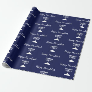 Happy Hanukkah Simple Menorah Pattern Blue Wrapping Paper