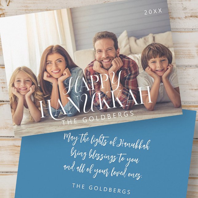 Happy Hanukkah Simple Modern Chic Family Photo Holiday Card (Creator Uploaded)