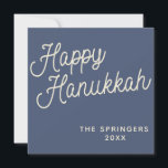 Happy Hanukkah | Simple Retro Typography in Blue Holiday Card<br><div class="desc">Simple Happy Hanukkah greeting written in a fun retro lettering script style on a dark blue background,  personalized with your name.</div>