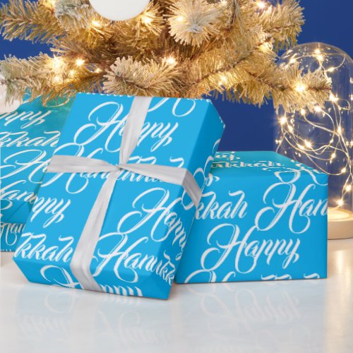 Happy Hanukkah sky blue modern elegant script Wrapping Paper