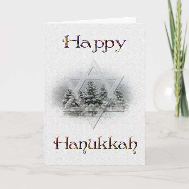 Happy Hanukkah-Snow Covered Trees/Star of David Holiday Card (Front)