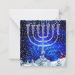 Happy Hanukkah Snow & Menorah Note Card<br><div class="desc">Happy Hanukkah in Hebrew,  Snow scenery,  Silver Menorah,  Reverse-side English Happy Hanukkah, </div>