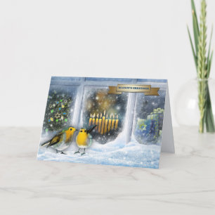Happy Hanukkah. Snow Scene with Menorah Holiday Card