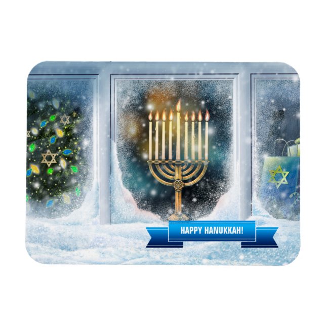 Happy Hanukkah. Snow Scene with Menorah  Magnet (Horizontal)