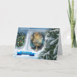 Happy Hanukkah. Snow Window Scene with Menorah Holiday Card<br><div class="desc">Happy Hanukkah in Hebrew. Snow Window Scene with Menorah Painting customizable Hanukkah Greeting Card in Hebrew. Matching cards and gifts available in the Jewish Holidays / Hanukkah Category of our store.</div>