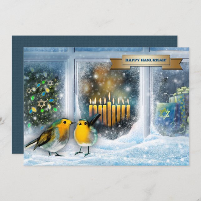 Happy Hanukkah. Snow Window Scene with Menorah Holiday Card (Front/Back)