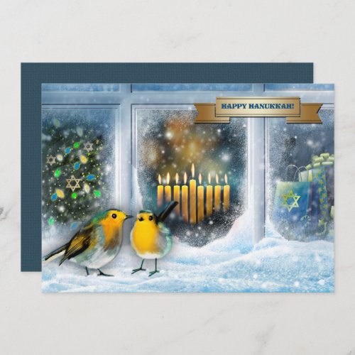 Happy Hanukkah Snow Window Scene with Menorah Holiday Card
