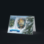 Happy Hanukkah. Snow Window Scene with Menorah  Holiday Card<br><div class="desc">Season's Greetings. Happy Hanukkah. Snow Window Scene with Menorah  and Christmas Tree Painting Hanukkah / Christmas / New Year customizable Greeting Card. Matching cards and gifts available in the Jewish Holidays / Hanukkah Category of our store.</div>