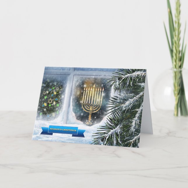 Happy Hanukkah. Snow Window Scene with Menorah  Holiday Card (Front)