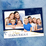 Happy Hanukkah Snowflakes 2 Photos Hanukkah Holiday Card<br><div class="desc">This Hanukkah photo card offers a simple design with 2 photos and the greeting "Happy Hanukkah" appearing in dark blue and gold. The design is accented with light blue snowflakes.</div>