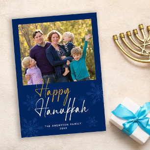 Happy Hanukkah Snowflakes Dark Blue Photo Holiday Card