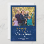 Happy Hanukkah Snowflakes Dark Blue Photo Holiday Card<br><div class="desc">This Hanukkah greeting card features a horizontal photo frame and handwritten text "Happy Hanukkah" on a dark blue background. The design is accented with subtle blue snowflakes.</div>