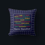 HAPPY HANUKKAH | Spiritual Fruit | BLUE Throw Pillow<br><div class="desc">Colorful festive pillow with faux silver Star of David in subtle background pattern. FRUIT OF THE SPIRIT including Hebrew translations are written in red,  yellow and green. HAPPY HANUKKAH is customizable if you want to add your name. Part of the HANUKKAH Collection.</div>