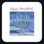 Happy Hanukkah Square Sticker<br><div class="desc">Oil painting of a Hanukkah menorah with blue background.</div>