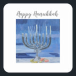 Happy Hanukkah Square Sticker<br><div class="desc">Oil painting of a Hanukkah menorah with blue background.</div>