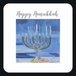 Happy Hanukkah Square Sticker<br><div class="desc">Oil painting of a Hanukkah menorah with blue background.</div>