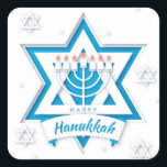 Happy Hanukkah Square Sticker<br><div class="desc">Happy Hanukkah with Menorah and The Star of David Square Sticker The eight-day Jewish celebration known as Hanukkah or Chanukah commemorates the rededication during the second century B.C. of the Second Temple in Jerusalem, where according to legend Jews had risen up against their Greek-Syrian oppressors in the Maccabean Revolt. Hanukkah,...</div>
