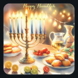 Happy Hanukkah Square Sticker<br><div class="desc">Hanukkah watercolor illustration. A beautifully arranged table set for a festive celebration,  featuring a traditional menorah with lit candles. Soft,  warm light,  while holiday decorations add a touch of cheer. Warm lights creating a cozy,  inviting atmosphere.</div>