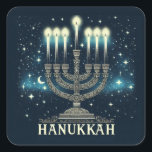 Happy Hanukkah Square Sticker<br><div class="desc">Happy Hanukkah with Menorah, Stars and Moon Square Sticker The eight-day Jewish celebration known as Hanukkah or Chanukah commemorates the rededication during the second century B.C. of the Second Temple in Jerusalem, where according to legend Jews had risen up against their Greek-Syrian oppressors in the Maccabean Revolt. Hanukkah, which means...</div>