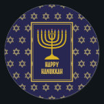 HAPPY HANUKKAH Star David BLUE Classic Round Sticker<br><div class="desc">Stylish festive HANUKKAH stickers with faux gold Star of David as a background pattern.  Part of the FESTIVE STARS Collection by Berean Designs.</div>