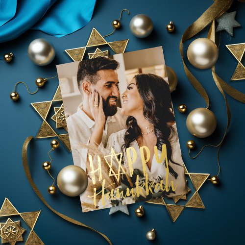 Happy Hanukkah Star Holiday Photo Silver Foil Card