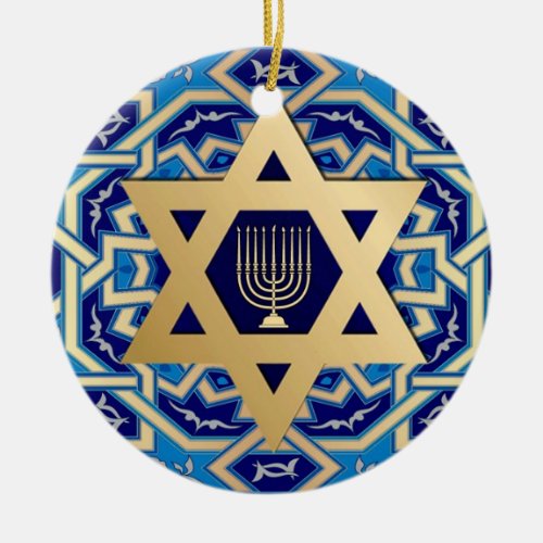 Happy Hanukkah Star of David and Menorah Gift Ceramic Ornament