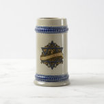 Happy Hanukkah Star of David Beer Stein<br><div class="desc">Elegant Jewish Star of David (Magen David) traditional blue and white hexagram symbol against a gold and black baroque fluerish background with a gold ribbon and holiday greeting wishes for a Happy Hanukkah. Art of artist Margaret Loftin Whiting.</div>